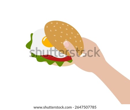 Womens Hand hold Fried Egg Sandwich with greens and vegetables Food or Sandwich Day Greeting design