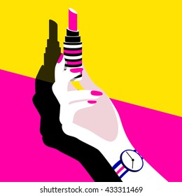 Women's hand holding a bright red lipstick. Fashion minimalism style. Vector illustration