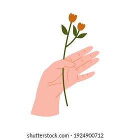 Women's hand holding flowers. Abstract logo and branding design template in trendy linear minimal style. Natural beauty and organic skincare products, handmade fashion and jewellery concept.