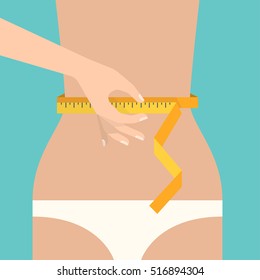 Women's hand is holding a measuring tape on waistline. Beauty, healthy lifestyle and fashion industry concept. Flat design vector illustration 