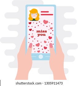 Women's hand holding phone with love message "miss you" from a girlfriend or mom or sister. female friendship. Valentine's Day.  Send love letters to each other. Vector illustration