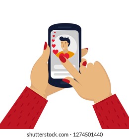 women's hand holding phone with with a man portrait. Online love chat in internet. Online dating or dating site. Long distance relationship concept. Flat cartoon vector illustration. Concept of