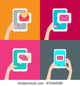 Women's Hand holding smart phone with email symbol on the screen. Message send on mobile phone. Email marketing. Finger touch screen for banner, web site. Flat style vector illustration
