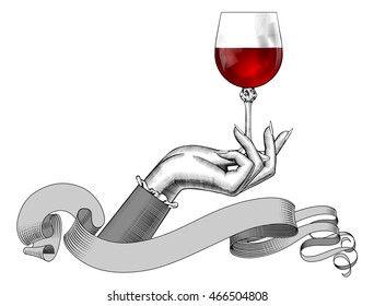 Women's hand holding a wine glass and ribbon isolated on white. Vintage engraving stylized drawing. Vector illustration