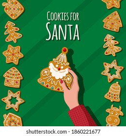 Women's hand holds a gingerbread Santa Claus. Christmas Homemade cookies on green background. Vector illustration