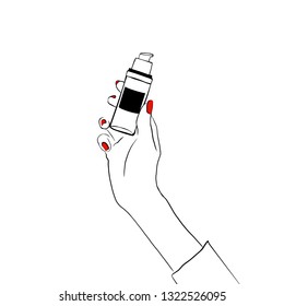 Women's hand with makeup brush. Hand draw illustration of female hand with cosmetical accessories and red nails. Vector isolated on white background fashion and makeup design elements.