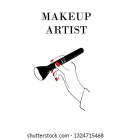 Women's hand with makeup brush. Hand draw illustration of female hand with cosmetical accessories and red nails. Makeup artist logo template fashion Vector and makeup design elements.
