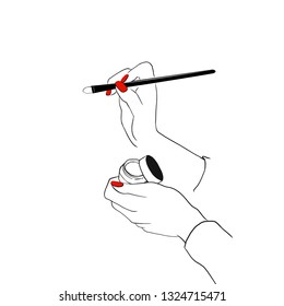 Women's hand with makeup concealer cream tube and makeup face brush. Hand draw illustration of female hand with cosmetical accessories and red nails. Vector fashion and makeup design elements.