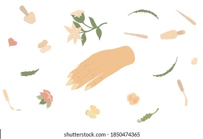 Frauenhand mit Maniküre für Nägel und Blumen. Die Hand liegt neben einer Flasche Nagel Polnisch, Bürsten, Schmetterlinge, Blumen. Materialien für die Hand- und Nagelpflege. Schönheitssalon.