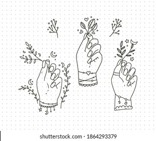 Womens hand with plant and leaves. Vector logo, label, emblem design elements. Abstract concept for beauty salon, manicure, cosmetic, organic care and spa. Female elegant hand silhouette.