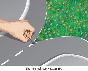 Women's hand pushes the asphalt. Under the asphalt with grass and flower.