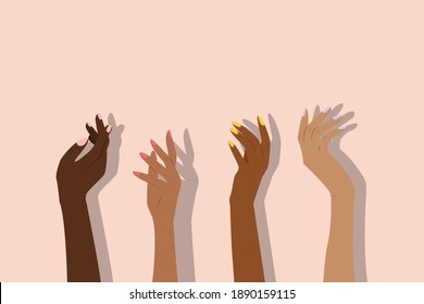 Women's hand raised up.  Feminism concept. International hands. Girl power. Realistic style modern vector illustration. Flat design