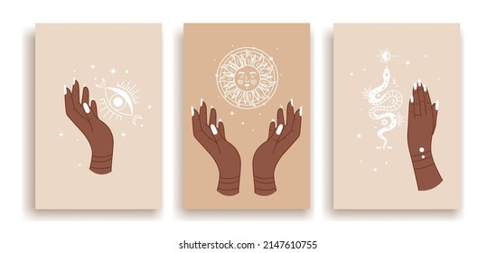 Womens Hand Set. Collection Of Posters And Banners For Site, Beauty, Skin Care And Hygiene. Esotericism, Imperceptible Energy, Magic And Witchcraft, Imagination. Cartoon Flat Vector Illustration