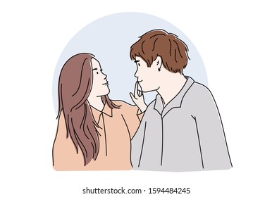 Women's hand touch man's mouth in love. Simple flat vector. 