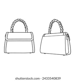 Bolso de las mujeres con la manija trenzada ilustración vectorial plantilla de contorno plano. Vista frontal y posterior. Ilustración vectorial de la línea del icono del bolso de las mujeres aislado en un fondo blanco