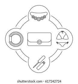 Women's handbag contents linear icons set. Clutch, necklace, swimsuit, hair scrunchy, lip gloss. Isolated vector illustrations