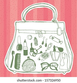 Women's Handbag And Its Contents. Vector