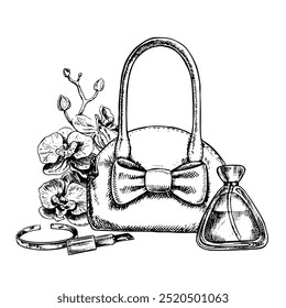 Uma bolsa feminina com cosméticos e acessórios, batom, perfume, uma pulseira de joias e flores de orquídea. Gráficos vetoriais em preto e branco feitos à mão. Em um fundo branco. Para embalagens e etiquetas