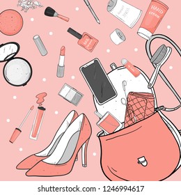 Women's handbag with cosmetics, shoes and smartphone. Personal effects fell out of the bag. Colorful vector illustration in sketch style. For fashion publications, beauty and mobile apps.