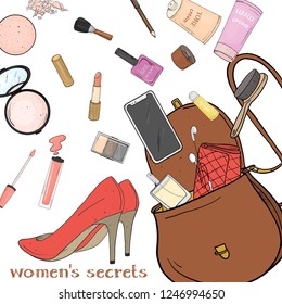 Women's handbag with cosmetics, shoes and smartphone. Personal effects fell out of the bag. Colorful vector illustration in sketch style. For fashion publications, beauty and mobile apps.