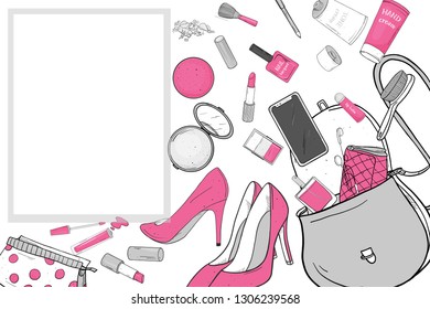 Women's handbag with cosmetics, shoes and smartphone. Things fell out of the bag. Vector illustration in sketch style. For fashion publications, beauty and mobile applications. Mock up. Template.