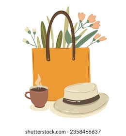 Women's handbag with flowers and a hat. Vector.