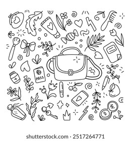 Women's handbag set in doodle style. Vector, on a white background