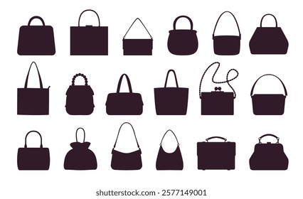 Womens handbag silhouettes. Female accessories different forms and shapes, casual shopper, fashion clutch, contemporary bag, luxury shopping icons collection logo design vector flat isolated set