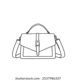 Women's handbag sling bag. Top handle bag, crossbody purse, satchel purse flat sketch fashion illustration drawing template mock-up. Isolated on a white background.