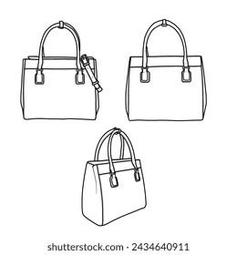 Women's handbag. Top handle bag flat sketch fashion illustration drawing template mock-up,  front, back, and side view. Isolated on a white background.