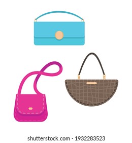 women's handbags fashion 2021 leather shoulder bag. Set of colorful stylish cartoon women bags isolated on white background. flat vector illustration