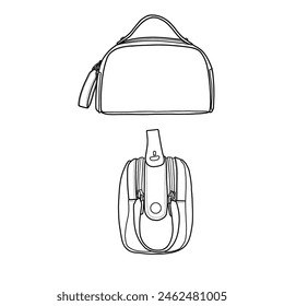 Women's handbags line art. Top handle bag, toiletries bag, flat sketch fashion illustration drawing template mock-up,  front, and side view. Isolated on a white background.