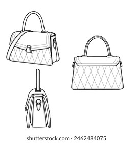 Women's handbags slingbag. Top handle bag flat sketch fashion illustration drawing template mock-up,  front, back, and side view. Isolated on a white background.