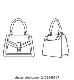 Women's handbags. Top handle bag flat sketch fashion illustration drawing template mock-up,  front, back, and side view. Isolated on a white background.