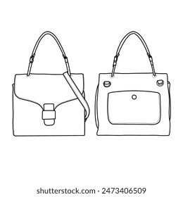 Bolsos de mujer. Ilustración de Plantilla de dibujo, maqueta, vista frontal y posterior. Aislado sobre un fondo blanco.