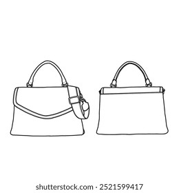 Women's handbags. Top handle bag flat sketch fashion illustration drawing template mock-up,  front, and back view. Isolated on a white background.