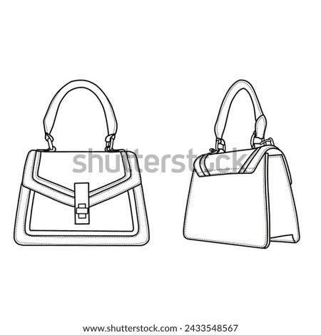 Women's handbags. Top handle bag flat sketch fashion illustration drawing template mock-up,  front, back, and side view. Isolated on a white background.