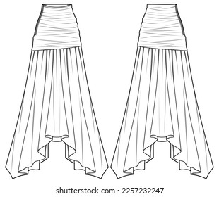 Women's handkerchief Pleated Skirt design flat sketch fashion illustration with front and back view, asymmetric full skirt with pleats cad drawing vector template 