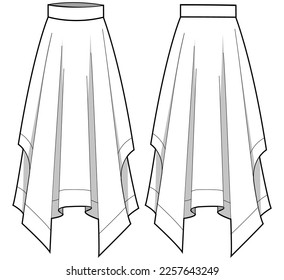 Women's handkerchief Skirt design flat sketch fashion illustration with front and back view, asymmetric full skirt with pleats cad drawing vector template 