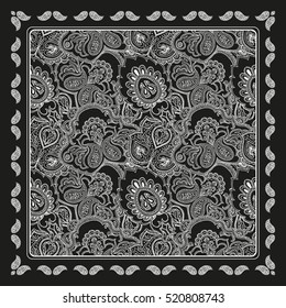 Women's handkerchief style Paisley. Line graph.Monochrome vector image.Bandanna shawl fabric print, silk neck scarf, kerchief design vector decoration