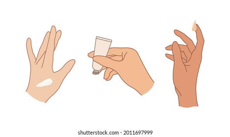 Las manos de las mujeres con crema aplicada, un conjunto de elegantes ilustraciones vectoriales de cosméticos de cuidado. Una mujer sostiene una crema de mano. Gestos realistas de arte en línea sobre fondo blanco.