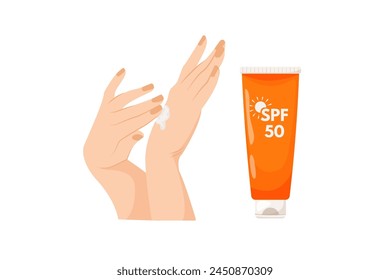 Women's hands apply cream. Sunscreen moisturizer, sunscreen, sunblock, skin protection and ultraviolet ray blocking.