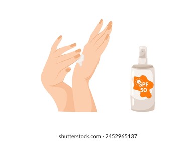 Women's hands apply moisturizing lotion. Sunscreen moisturizer, sunscreen, sunblock, skin protection and blocking ultraviolet rays.