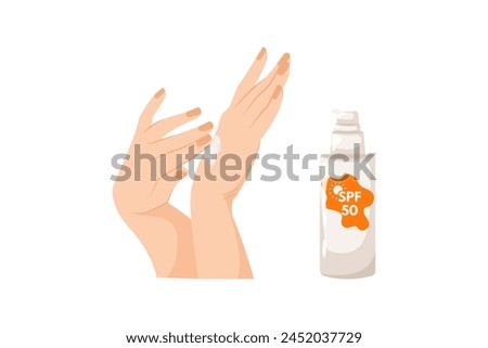 Women's hands apply tanning mousse. Sunscreen moisturizer, sunscreen, sunblock, skin protection and blocking ultraviolet rays.