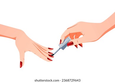 Women's hands applying red nail polish, vector image.