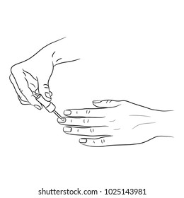 women's hands applying tassel manicure from black brush lines on white background of vector illustrations