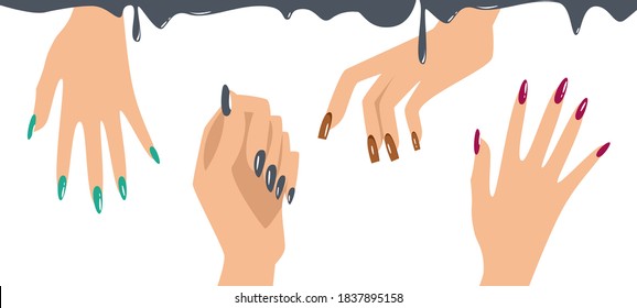 Women's hands with beautiful manicure, different colors, at different angles. The illustration is isolated on a white background.