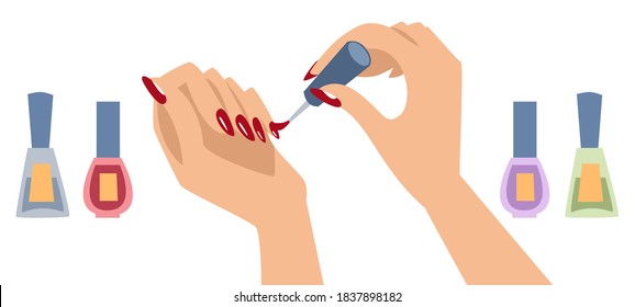 Women's hands with a beautiful manicure, doing a manicure, with a set of multi-colored varnishes. The illustration is isolated on a white background.