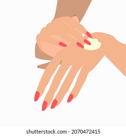 Women's hands with a beautiful red manicure apply a nourishing cream for the skin of the hands. The concept of home hand care. Vector illustration