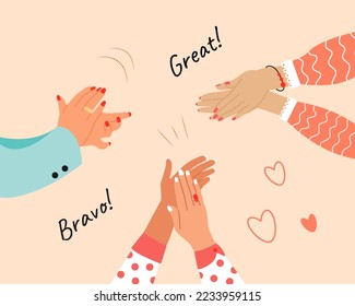 Women's Hands Clapping. Concept of happy Audience appreciation, congratulate Applause. Flat vector illustration. 